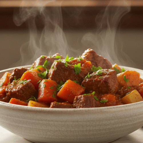 Easy Slow Cooker Beef Stew Recipe 1 Steaming bowl of hearty easy slow cooker beef stew recipe garnished with fresh parsley.