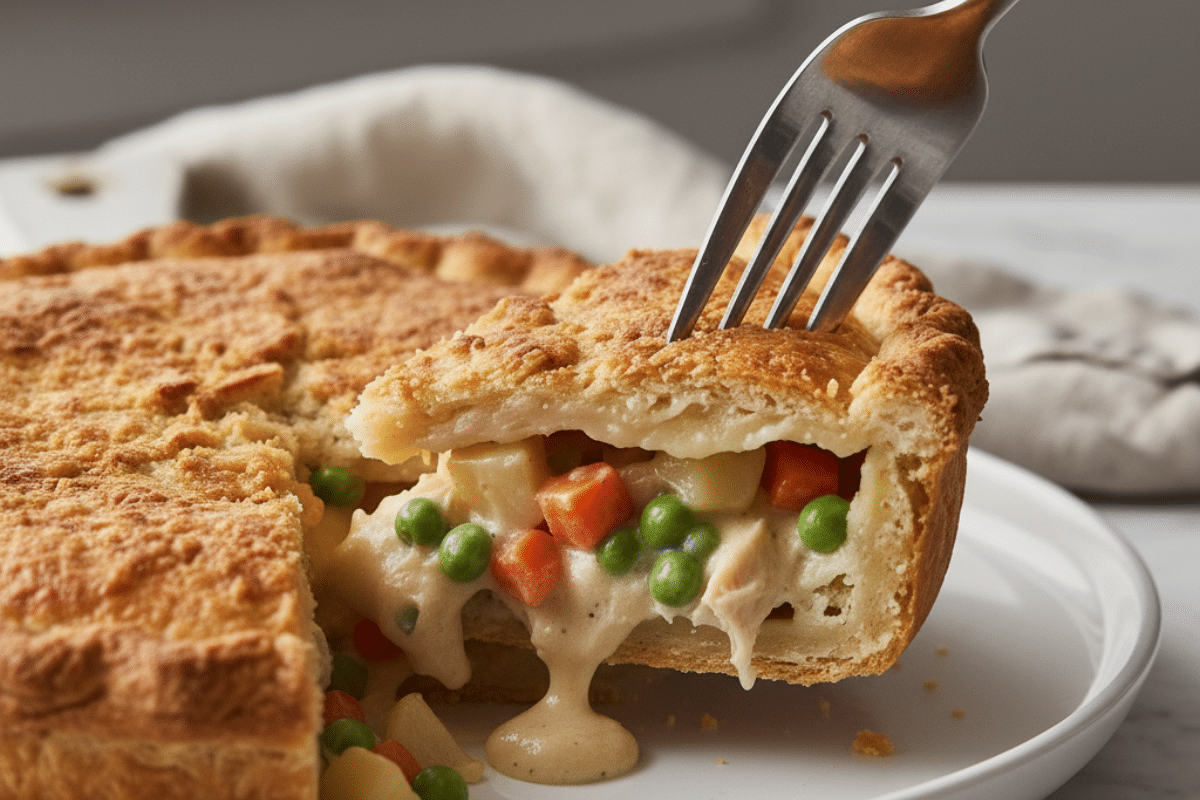 Crisp Crust and Creamy Filling Texture A fork digging into a slice of chicken pot pie recipe served on a white plate.