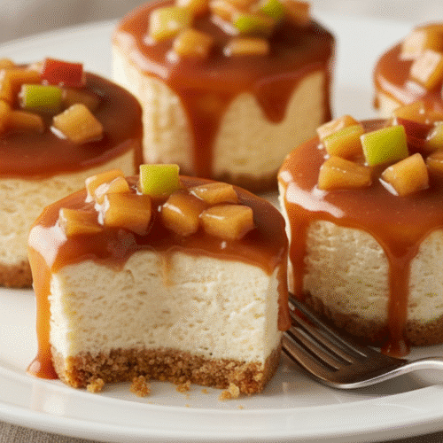 Irresistible mini caramel apple cheesecake with creamy filling and caramel apple topping