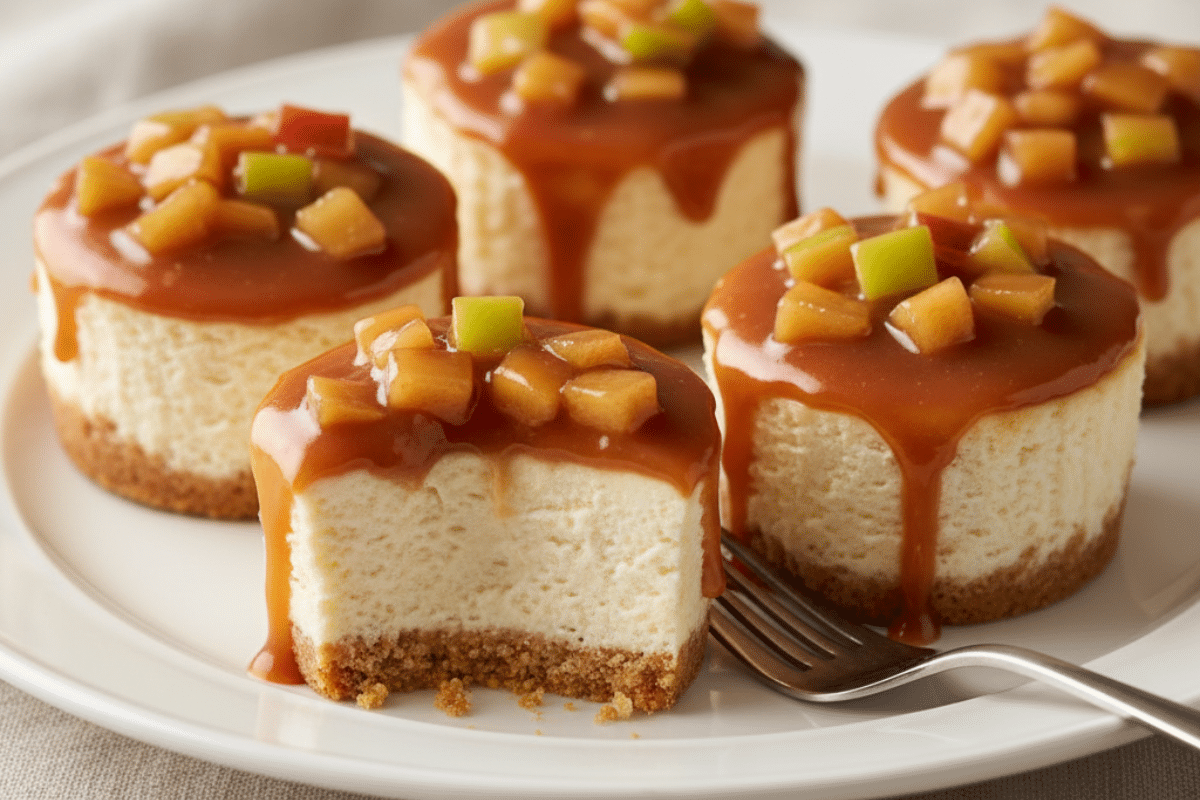 Irresistible mini caramel apple cheesecake with creamy filling and caramel apple topping