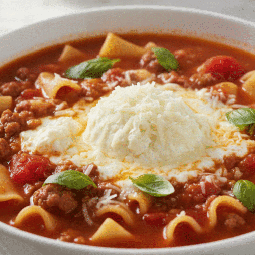 Bowl of lasagna soup recipe topped with cheese and basil leaves