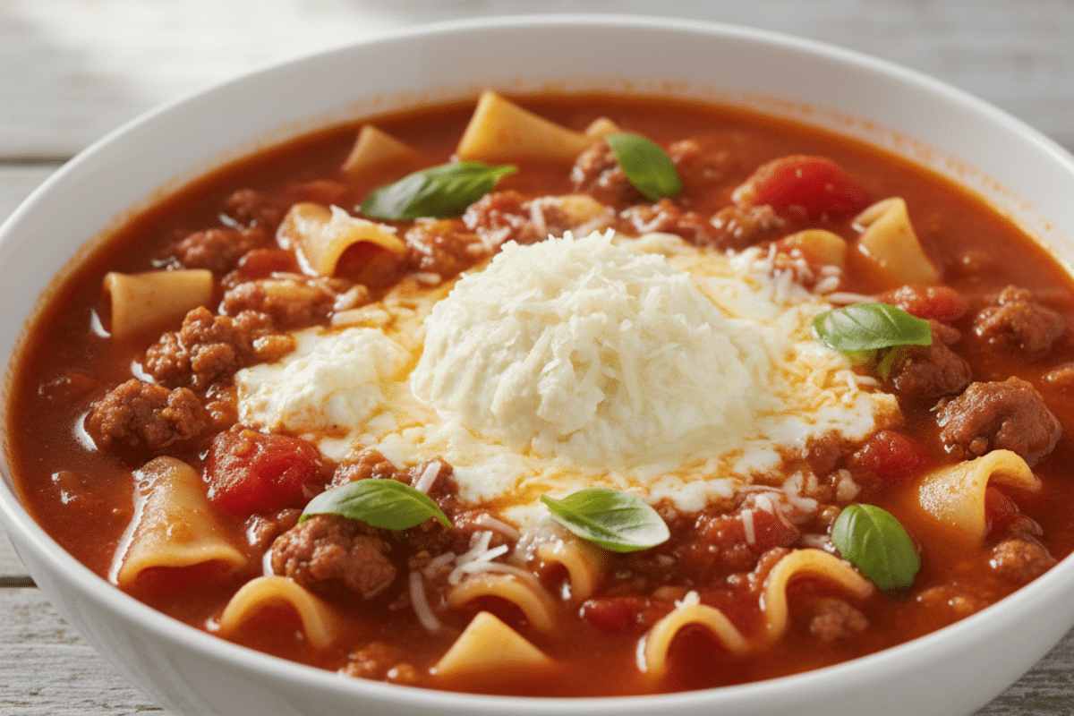 Bowl of lasagna soup recipe topped with cheese and basil leaves