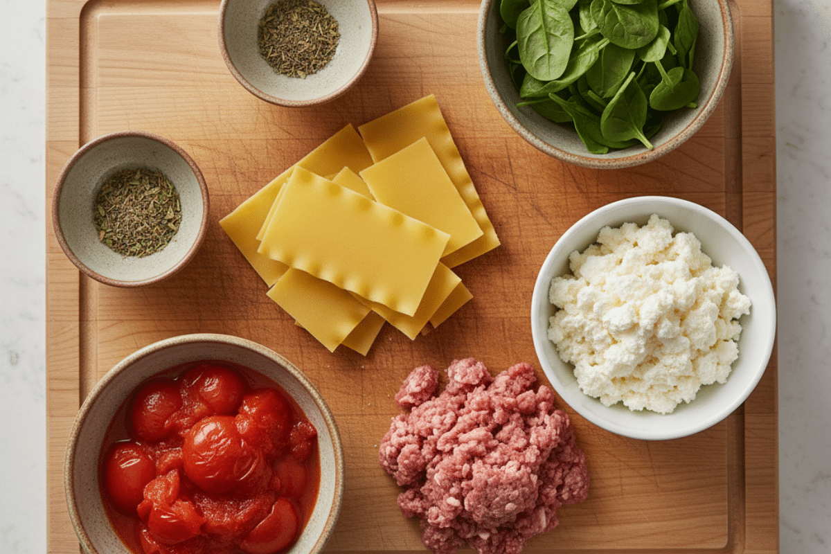 Lasagna soup recipe ingredients arranged on a wooden board