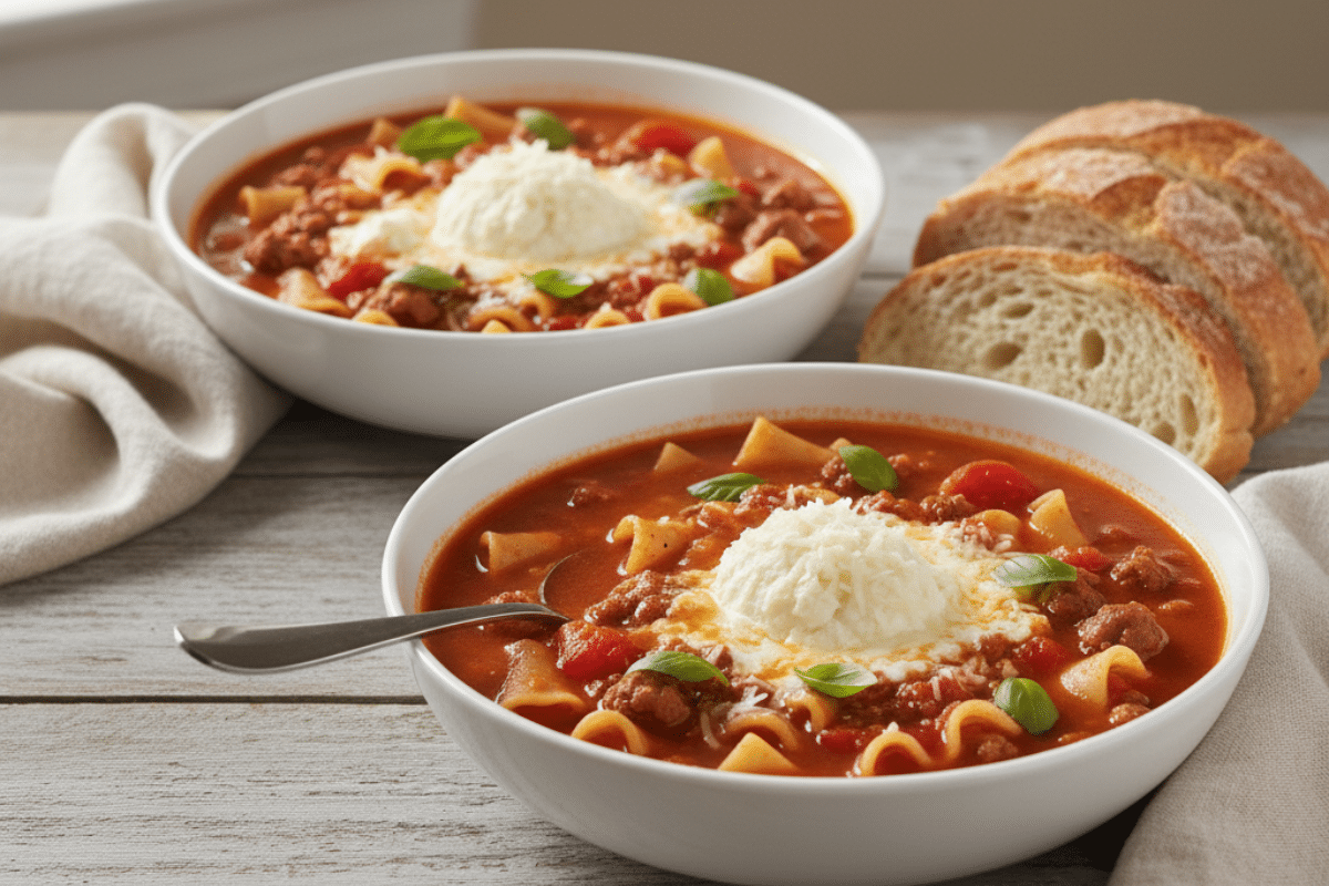 Two bowls of lasagna soup recipe served with bread