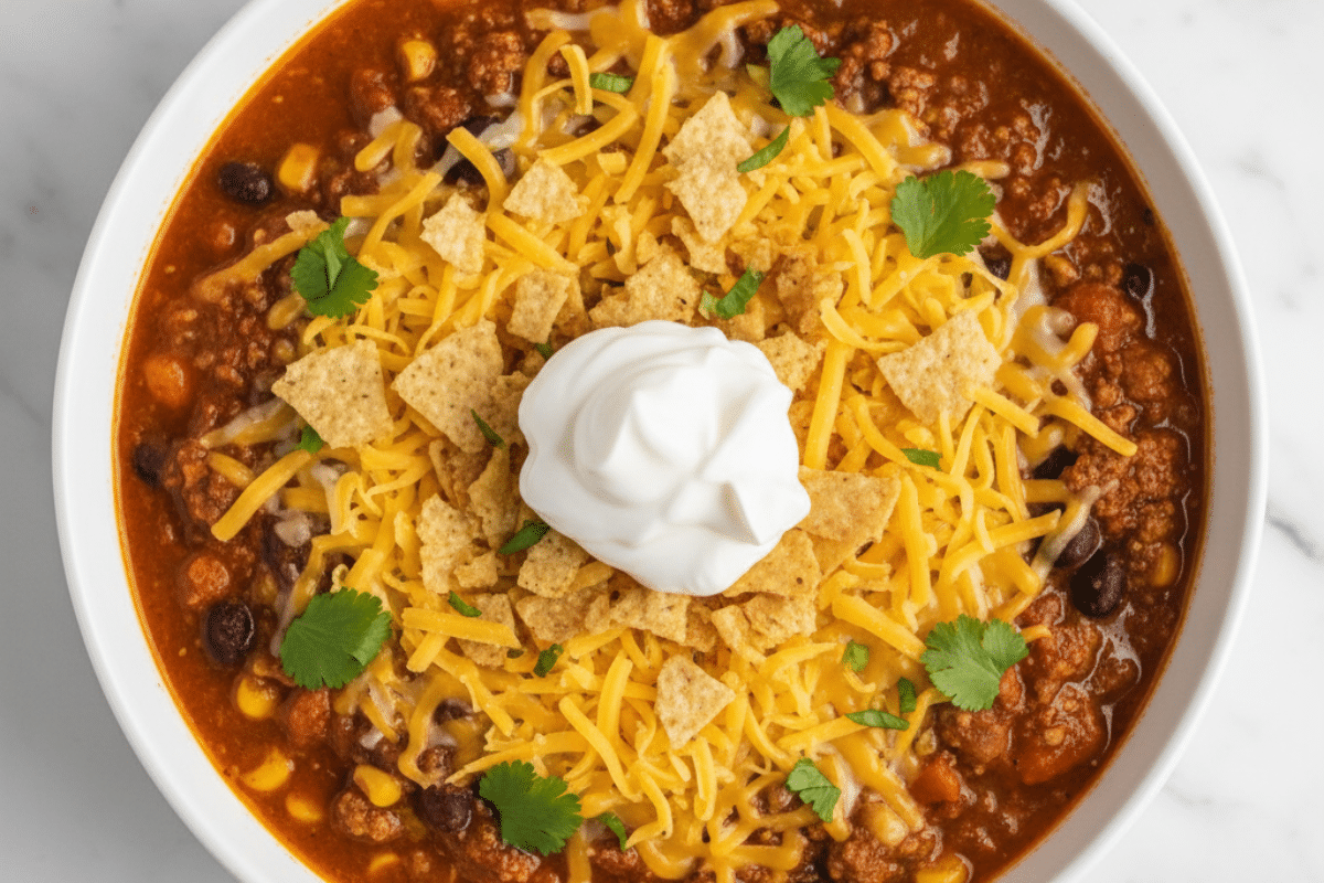 Best Toppings for Crockpot Taco Soup Top-down view of easy taco soup recipe crock pot with tortilla chips, cheese, and sour cream toppings.