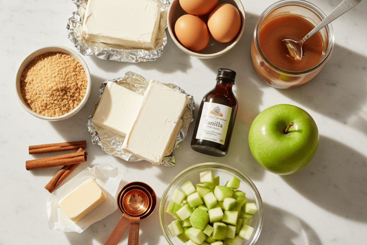 Mini caramel apple cheesecake ingredients including cream cheese, apple, and caramel