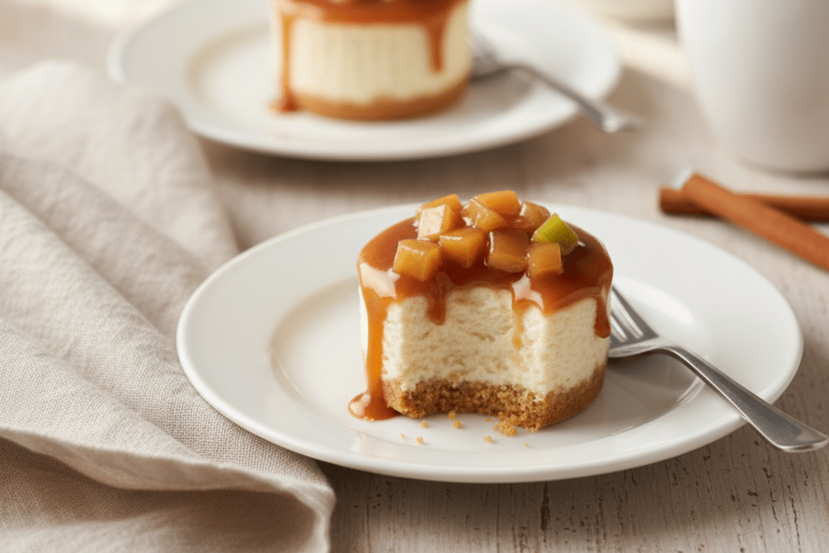 Mini caramel apple cheesecake served on a plate with caramel apple topping
