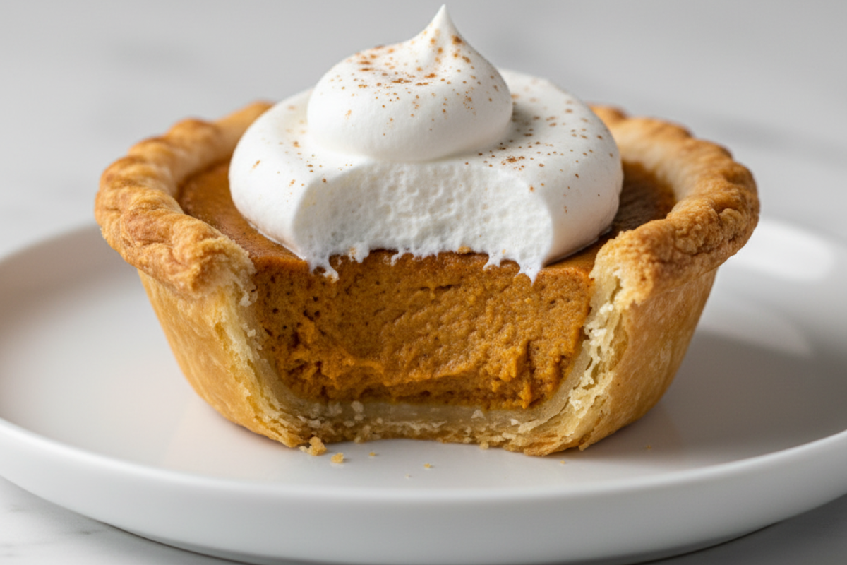 Close-up of a bite taken out of a mini pumpkin pie recipe, showing the flaky crust and creamy filling.