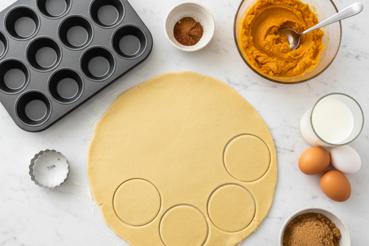 Ingredients and prep for mini pumpkin pie recipe showing pie dough, muffin tin, cutter, and filling ingredients.