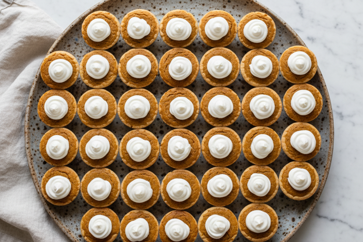 Overhead view of a large platter of mini pumpkin pie recipe bites with whipped cream topping.
