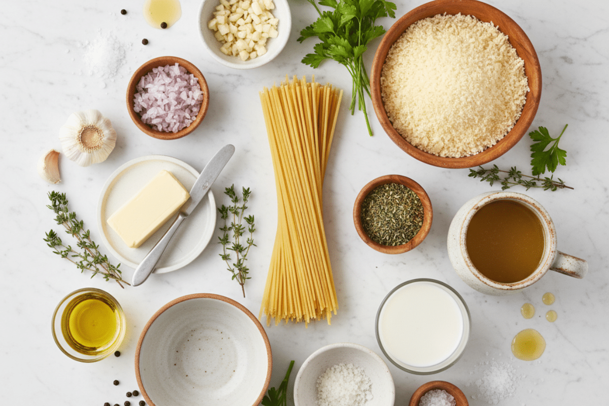 Abundant, organized ingredients for one pot creamy garlic pasta, including spaghetti, garlic, broth, milk, and butter.