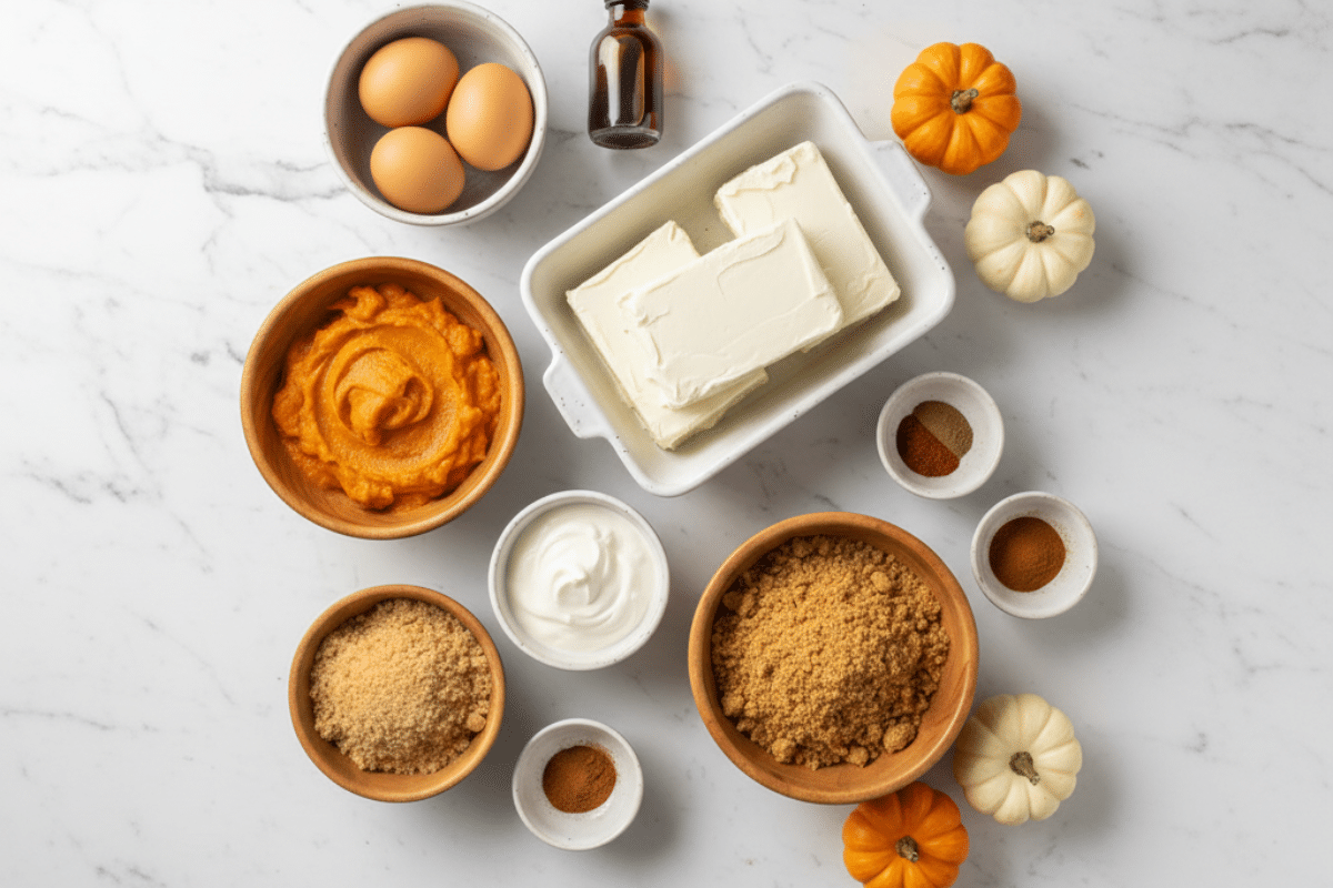 Simple Ingredients for Pumpkin Pie Cheesecake Organized ingredients for pumpkin pie cheesecake recipe including cream cheese, pumpkin puree, eggs, and spice.