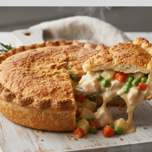 Chicken Pot Pie Recipe 1 A slice being pulled from a homemade chicken pot pie recipe, showing the creamy filling and golden crust.