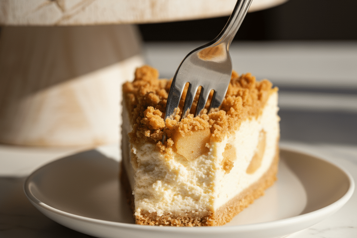 A fork taking a bite of a slice of apple crumble cheesecake recipe, showing the creamy filling and crisp crumble.