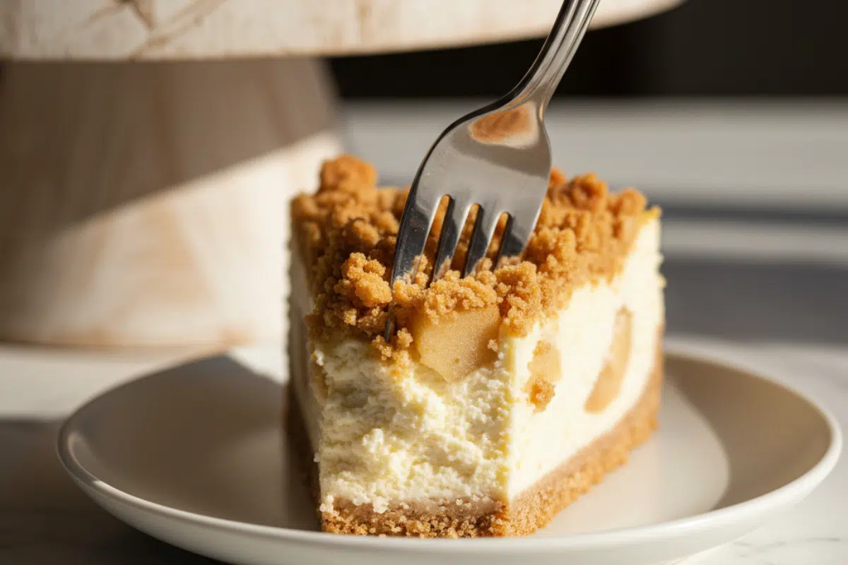 The Perfect Texture Bite A fork taking a bite of a slice of apple crumble cheesecake recipe, showing the creamy filling and crisp crumble.