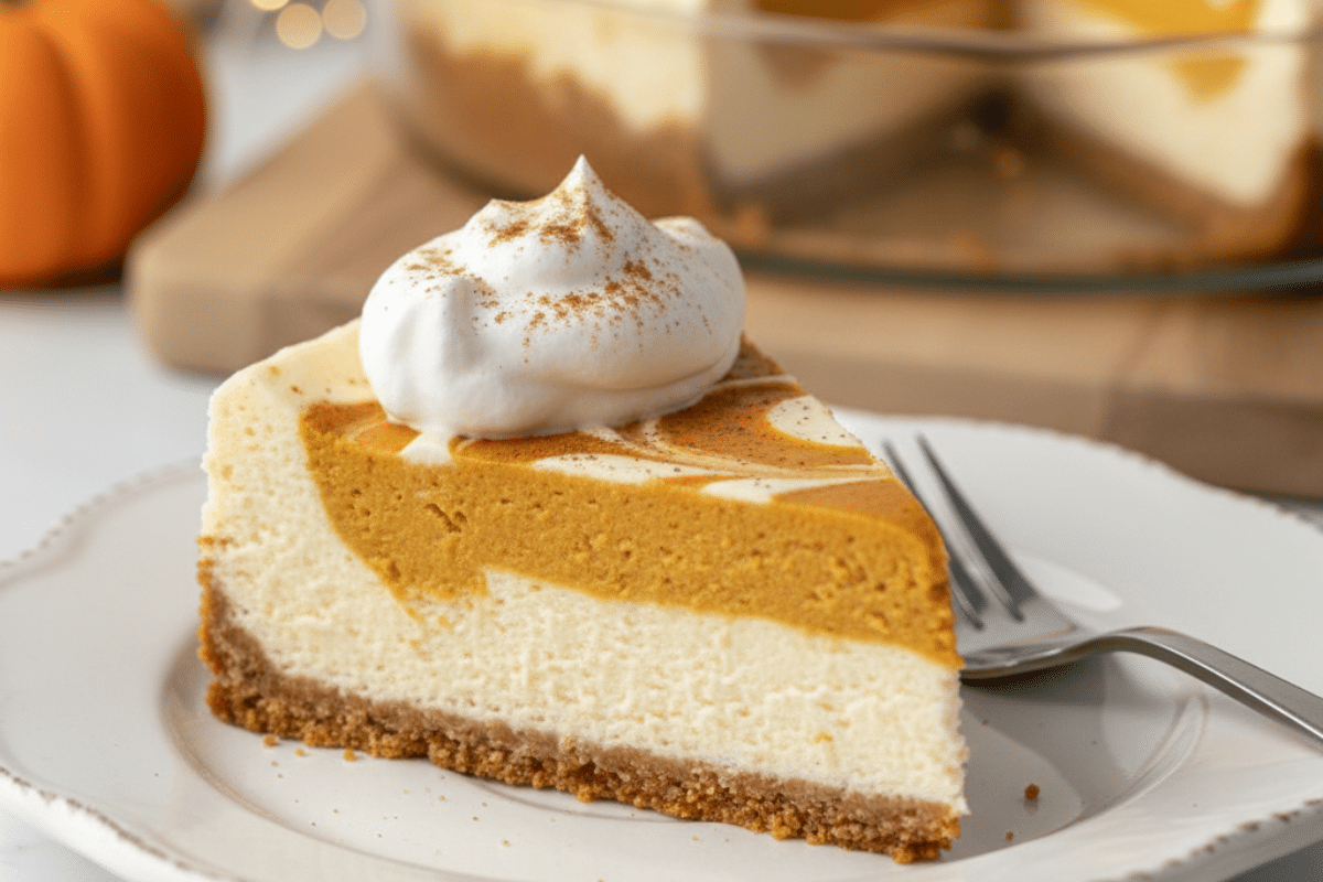 Creamy Layered Pumpkin Cheesecake Slice Close-up of a slice of pumpkin pie cheesecake recipe showing the swirl layers and creamy texture.