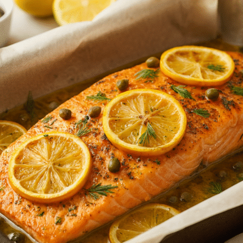 The whole slow roasted salmon recipe finished in the pan with lemon, capers, and dill.