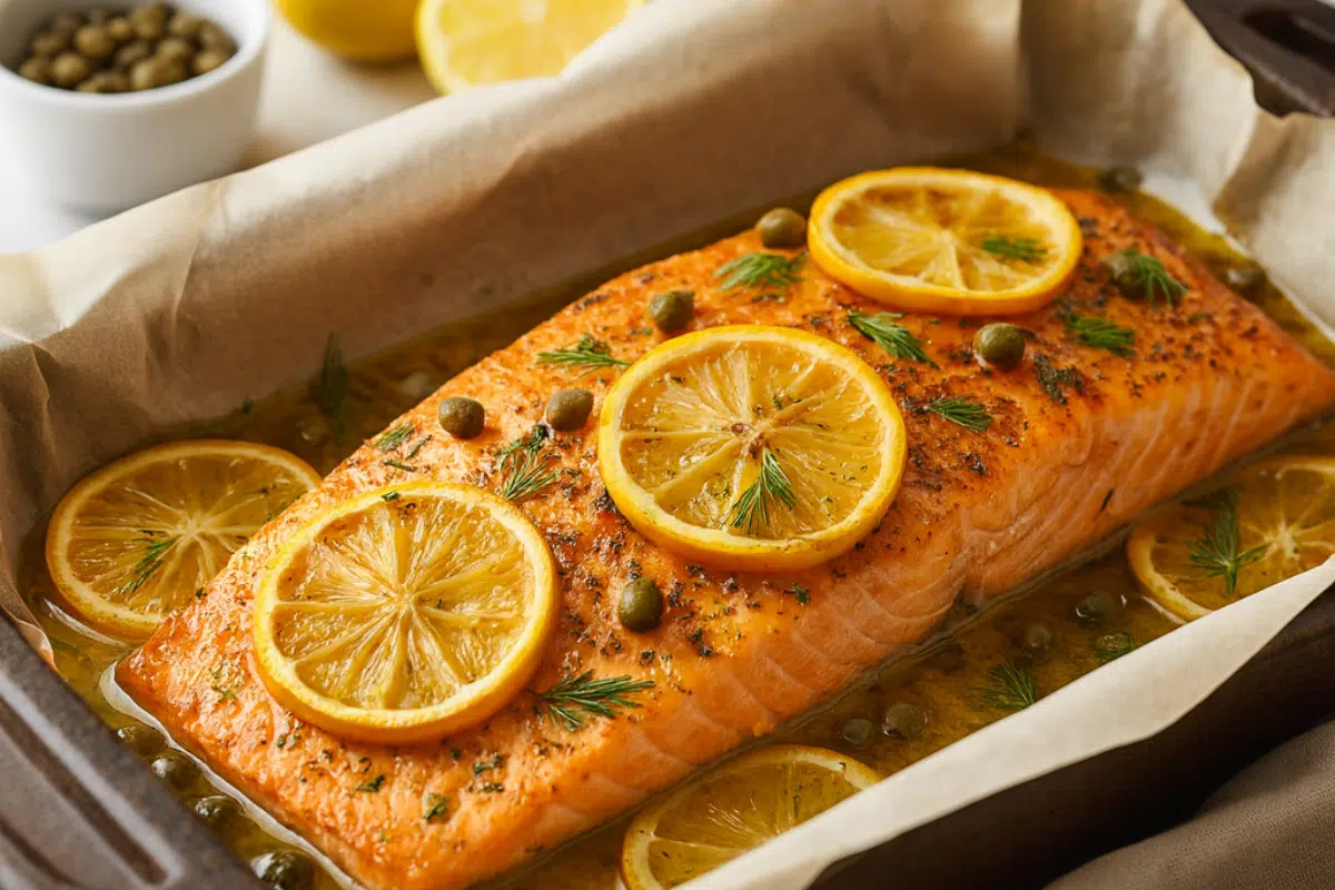 Slow Roasted Salmon Recipe 1 The whole slow roasted salmon recipe finished in the pan with lemon, capers, and dill.