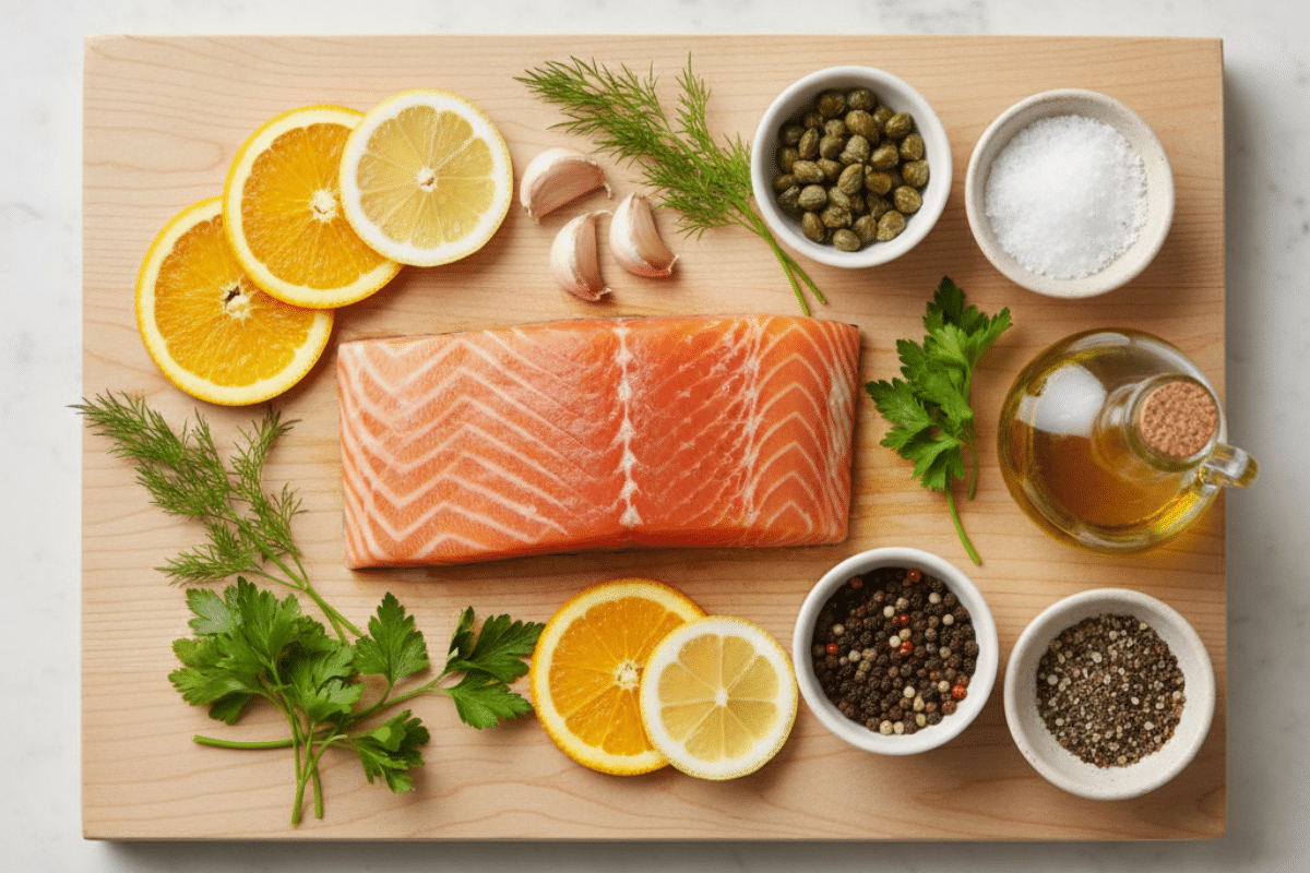 Ingredients for the slow roasted salmon recipe laid out, including fresh salmon, lemon, **orange** slices, garlic, and capers.