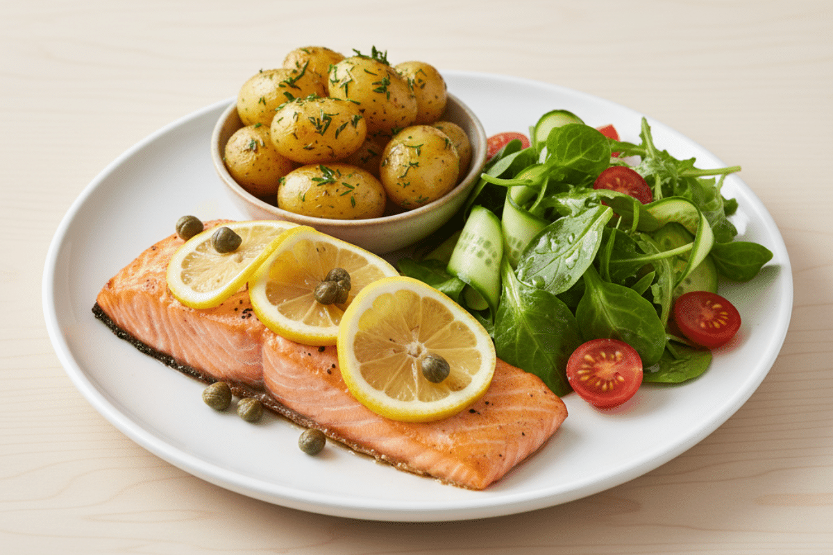 A plated serving of the slow roasted salmon recipe with roasted potatoes and a fresh green salad.