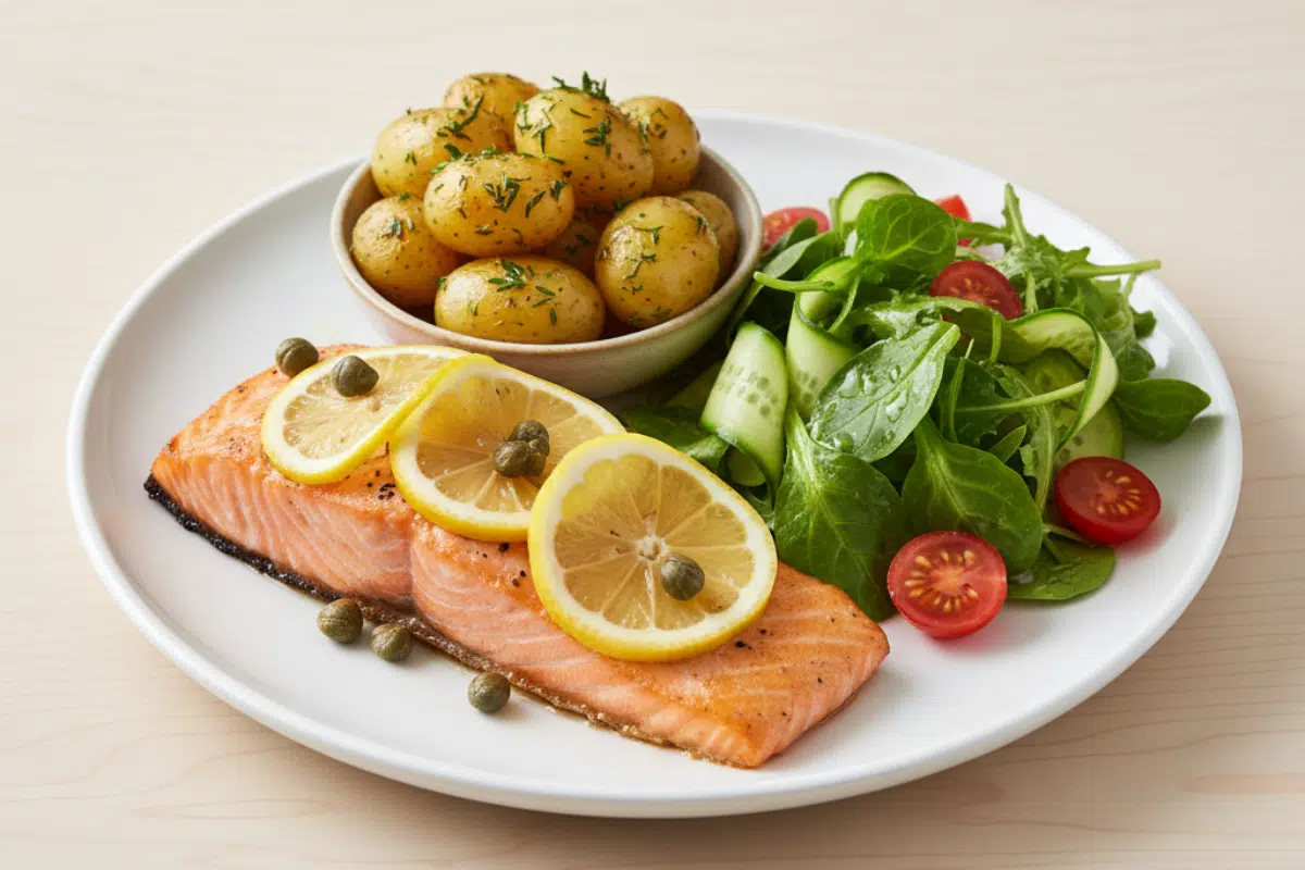 Plated Slow Roasted Salmon Recipe with Sides A plated serving of the slow roasted salmon recipe with roasted potatoes and a fresh green salad.