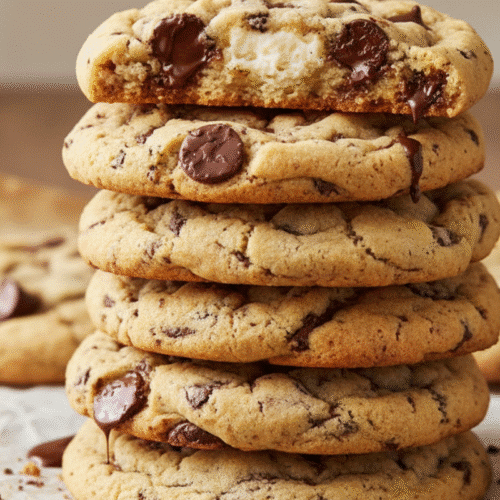 Stack of soft cream cheese chocolate chip cookies with a bite revealing melted chocolate