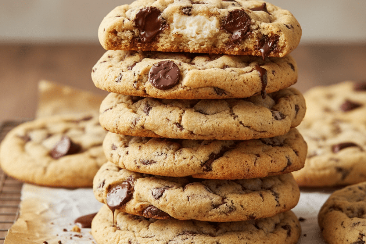 Stack of soft cream cheese chocolate chip cookies with a bite revealing melted chocolate