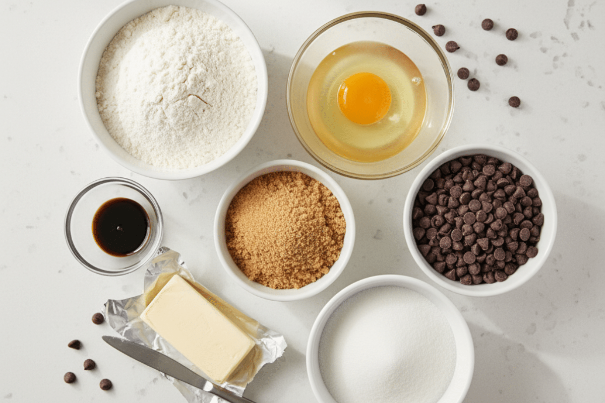 Ingredients for soft cream cheese chocolate chip cookie recipe including flour, sugar, chocolate chips, butter, and cream cheese
