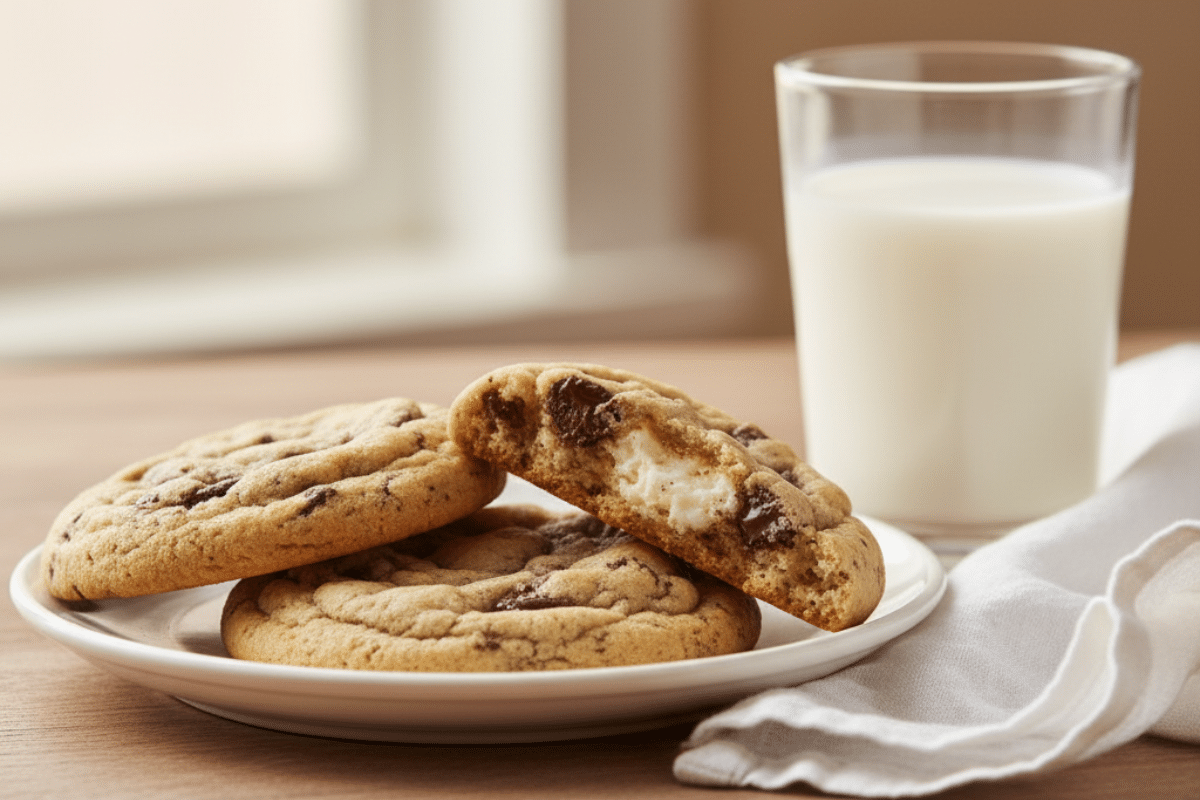 Soft cream cheese chocolate chip cookies served on a plate with a glass of milk
