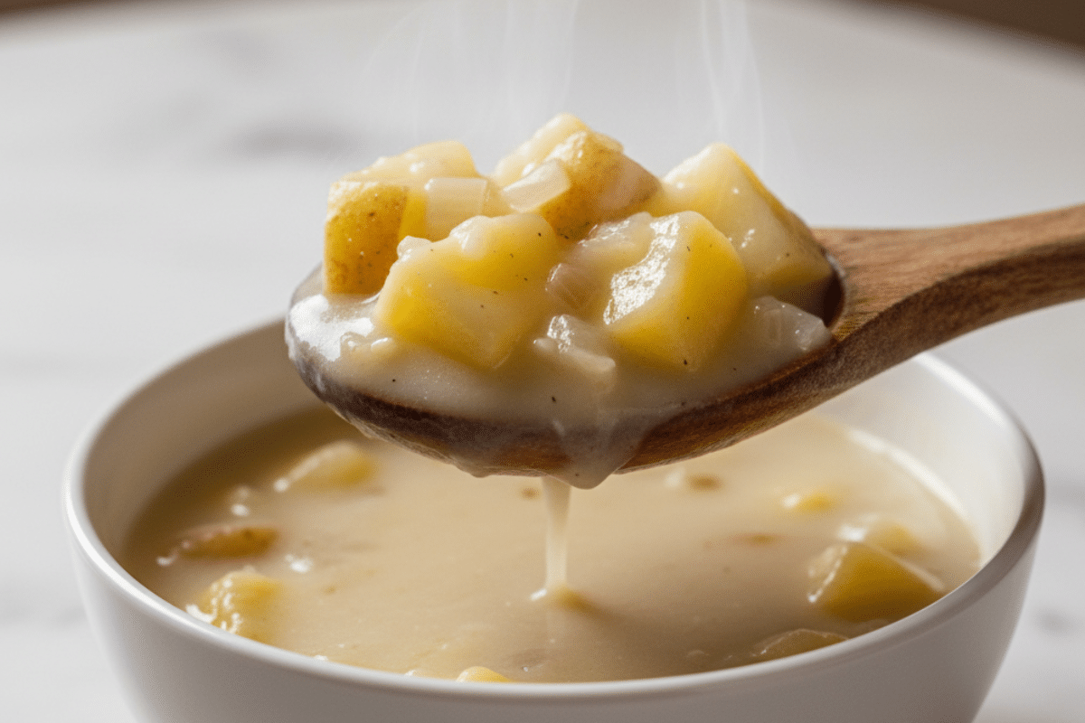 Best Chunky Texture of Potato Soup A wooden spoon scooping thick, chunky 5 ingredient potato soup from a white bowl.