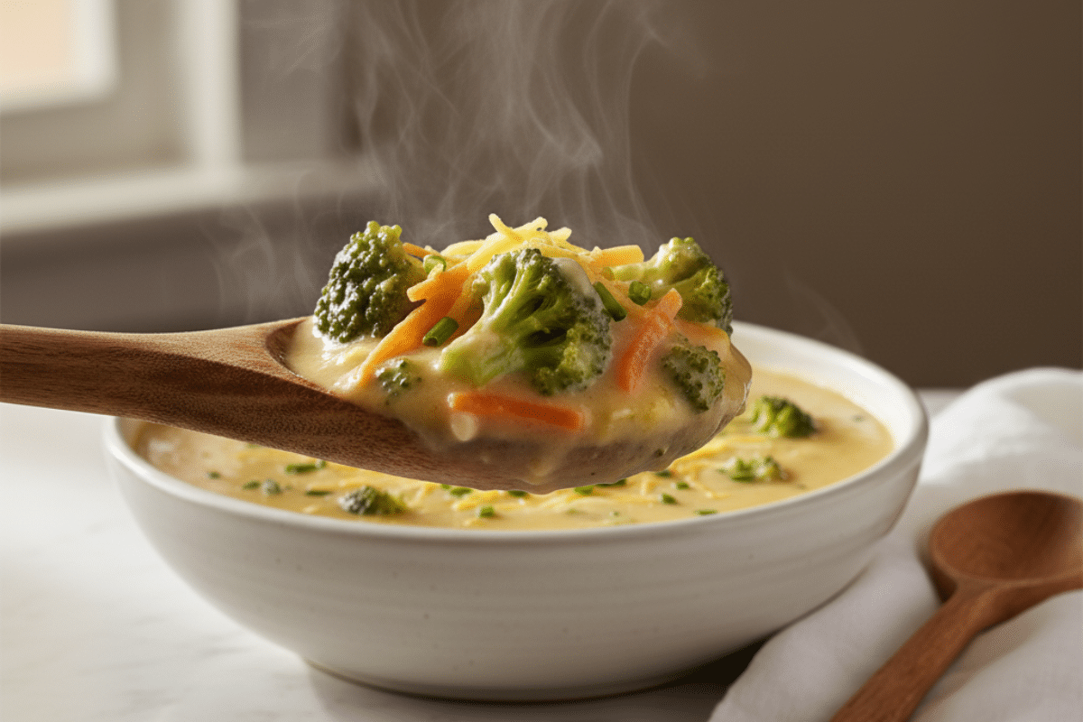 Velvety Creamy Broccoli Cheddar Texture A wooden spoon holding a creamy, thick spoonful of broccoli cheddar soup recipe with visible steam.
