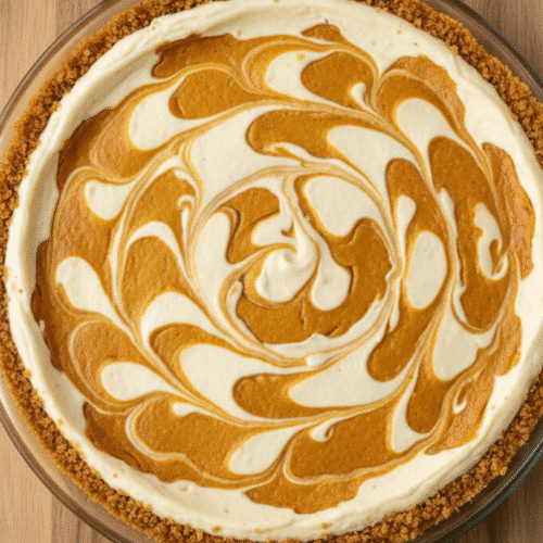 Pumpkin Pie Cheesecake Recipe 1 Overhead view of a swirled pumpkin pie cheesecake recipe in a glass dish on a wooden board.