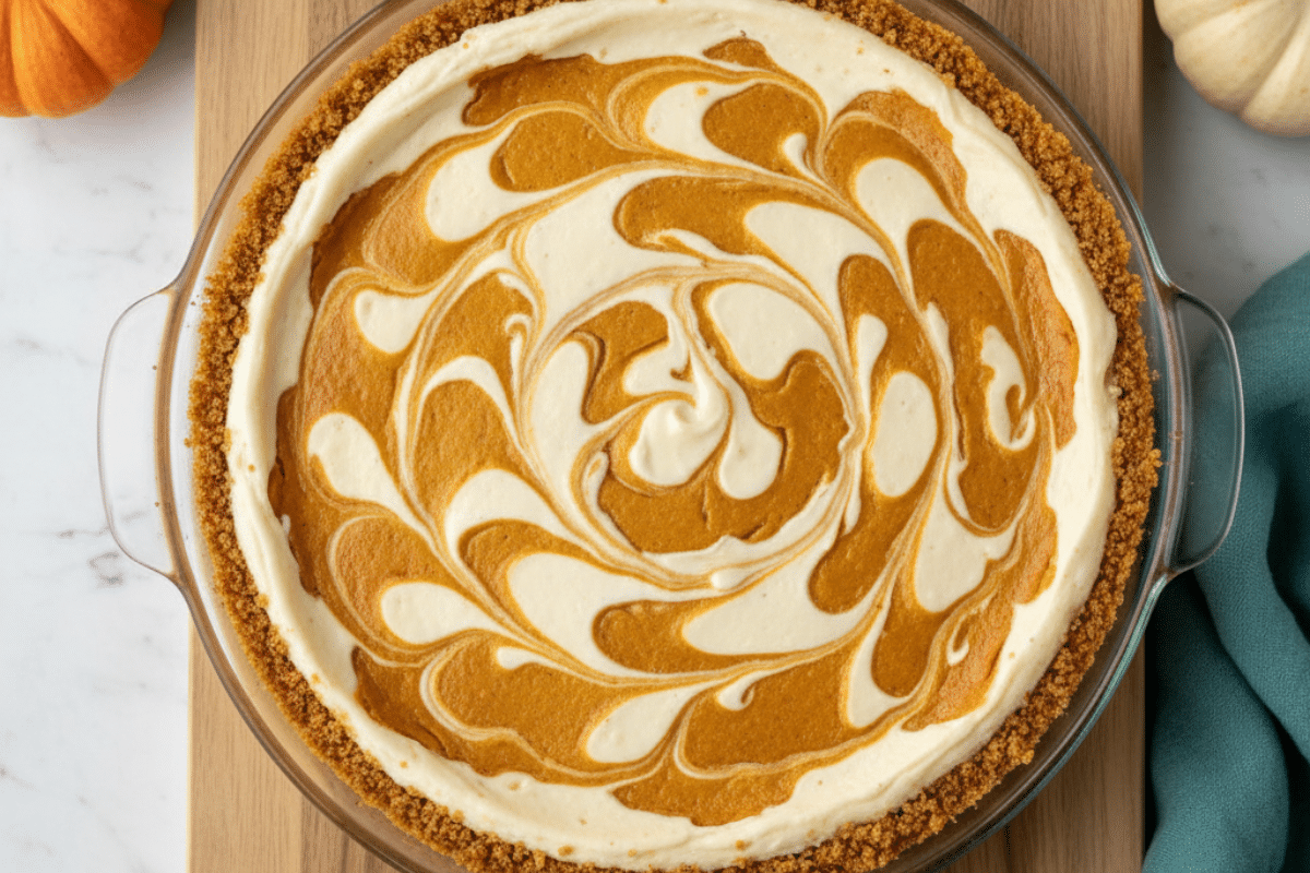 Overhead view of a swirled pumpkin pie cheesecake recipe in a glass dish on a wooden board.
