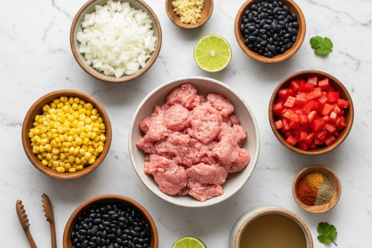 Clean Ingredients for Easy Taco Soup Prep Organized ingredients for an easy taco soup recipe crock pot meal, including ground turkey, beans, and fresh spices.