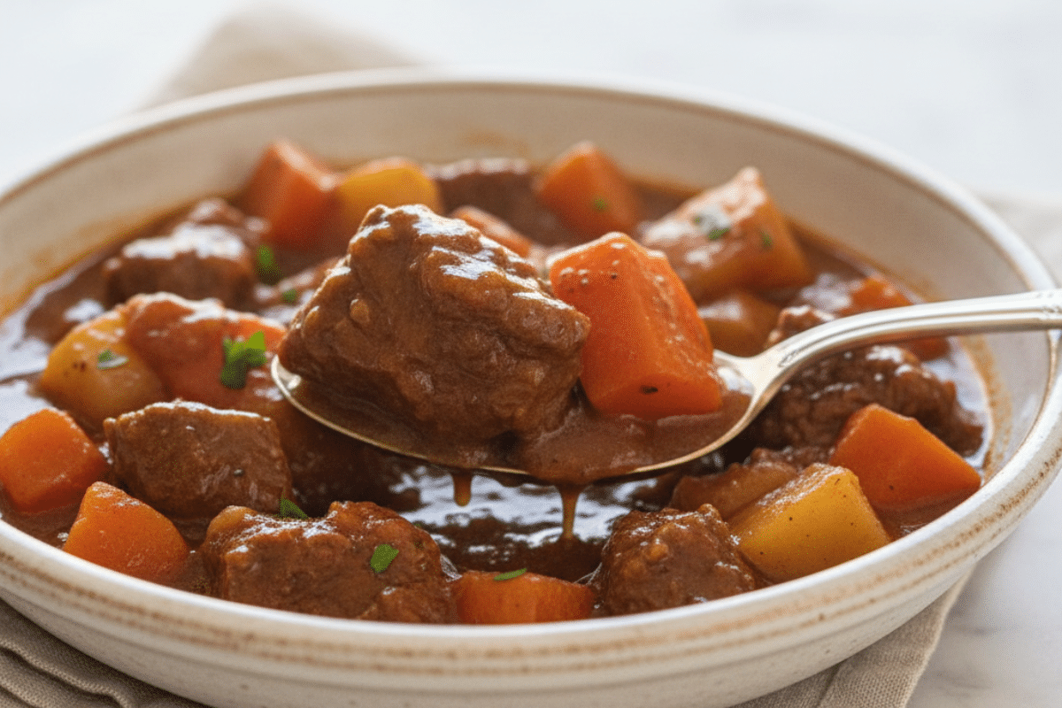 Fork-Tender Beef Stew Texture Close-up scoop of easy slow cooker beef stew recipe showing tender beef and carrots on a spoon.
