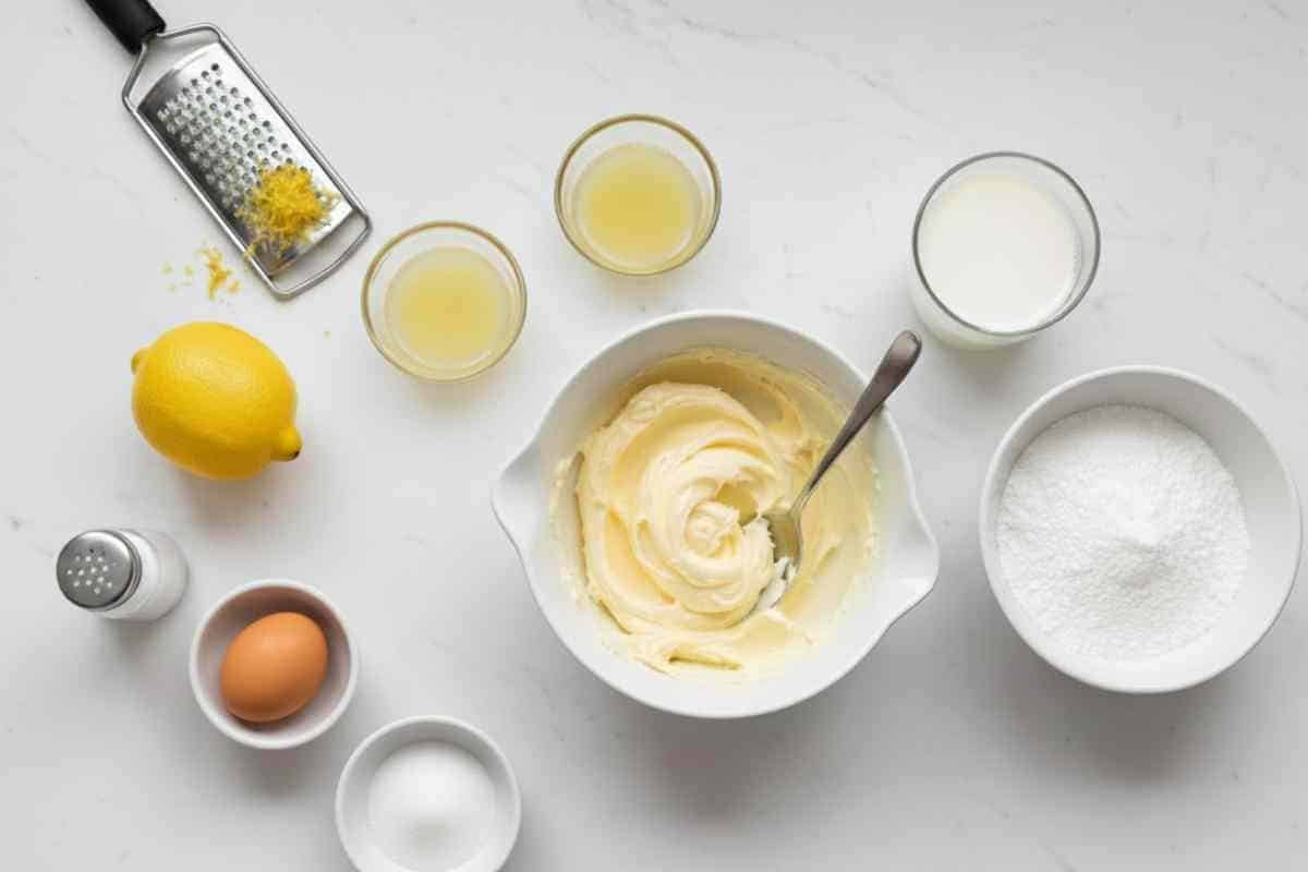 Ingredients for lemon meltaway cookies including butter, lemon, flour and sugar