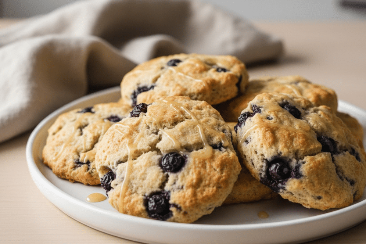 Freshly Baked Blueberry Biscuits on Parchment Tray Easy blueberry biscuits fresh from the oven on a parchment-lined tray with golden tops and whole blueberries