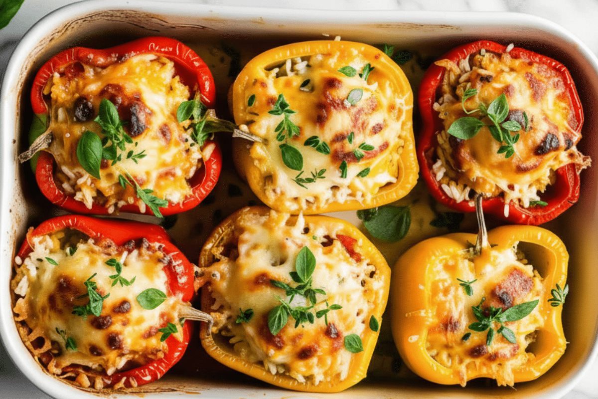 Overhead view of baked Italian stuffed bell peppers in a white ceramic dish topped with melted mozzarella and fresh basil.