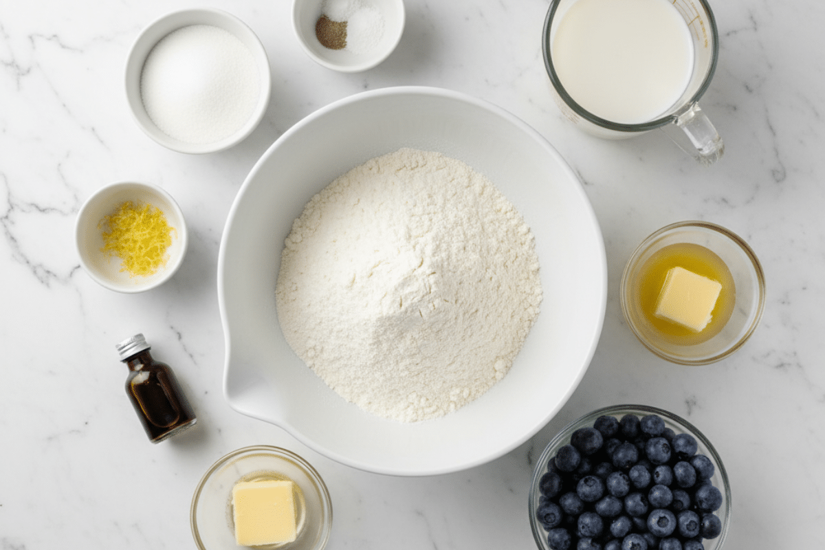 Blueberry Biscuit Ingredients Flat Lay on White Marble Easy blueberry biscuits ingredients laid out on a white marble counter, including flour, blueberries, milk, butter, vanilla, lemon zest, and sugar