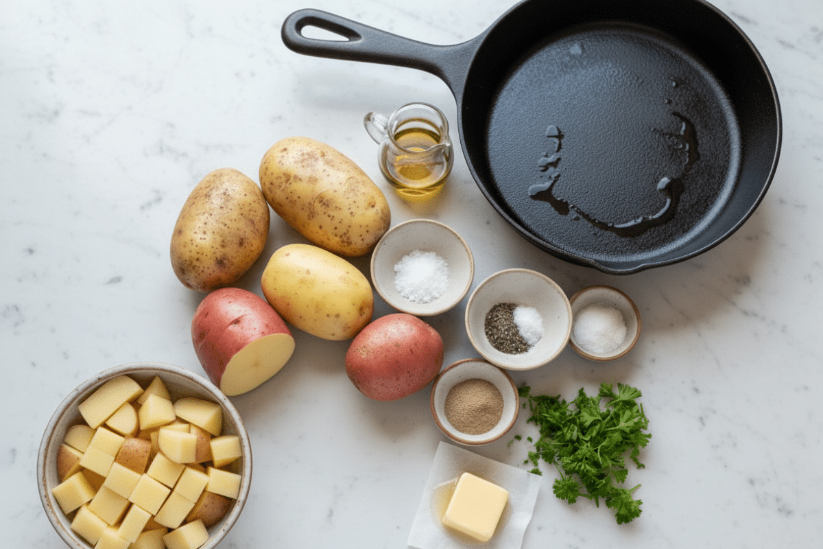 Fresh ingredients for easy breakfast potatoes including cubed potatoes and seasonings
