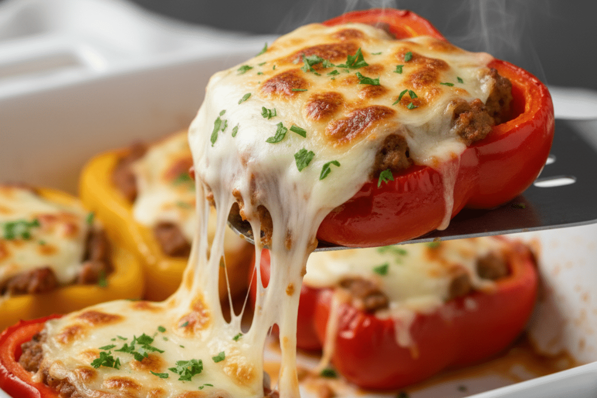 A metal spatula lifting a hot Italian stuffed bell peppers half showing a gooey mozzarella cheese pull.
