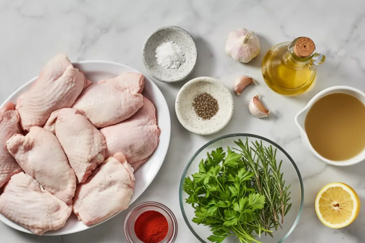 Ingredients for Crispy Lemon Garlic Chicken Ingredients for Crispy Lemon Garlic Chicken including chicken thighs, garlic, lemon, and chicken broth.