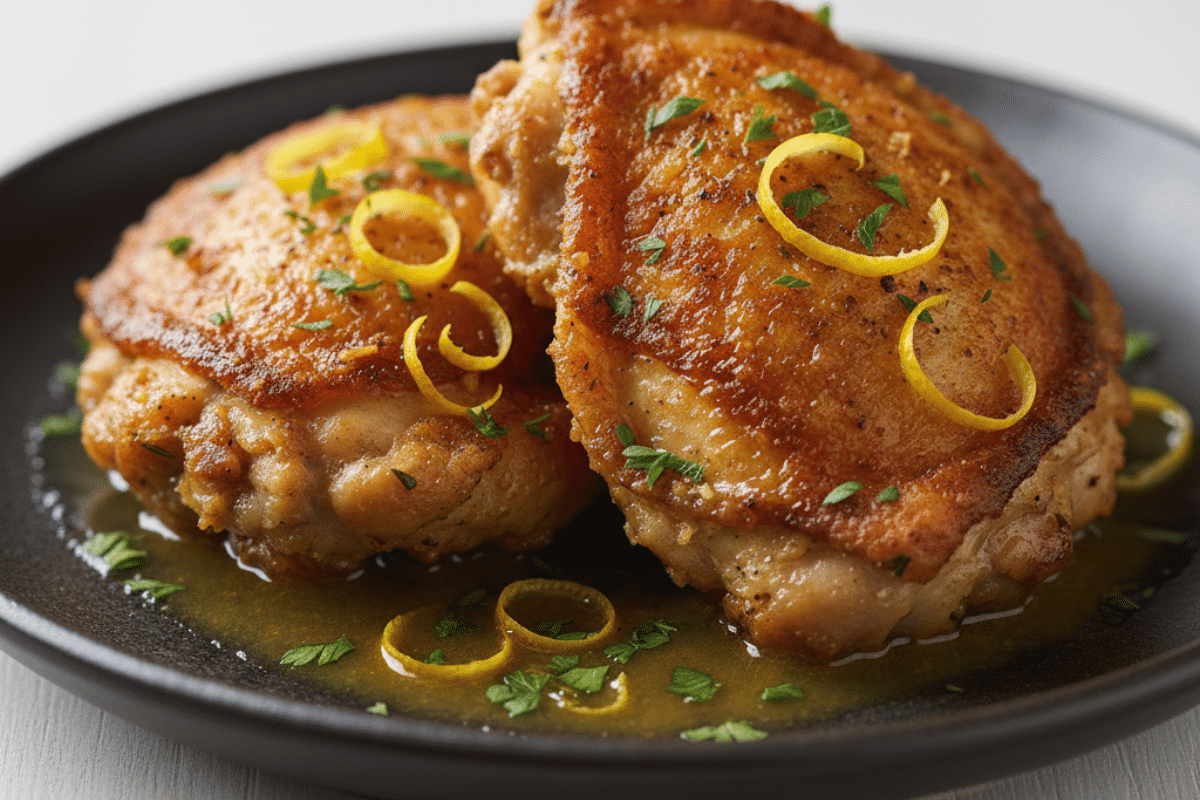 Crispy Lemon Garlic Chicken with golden, crispy skin, garnished with lemon zest and fresh parsley.