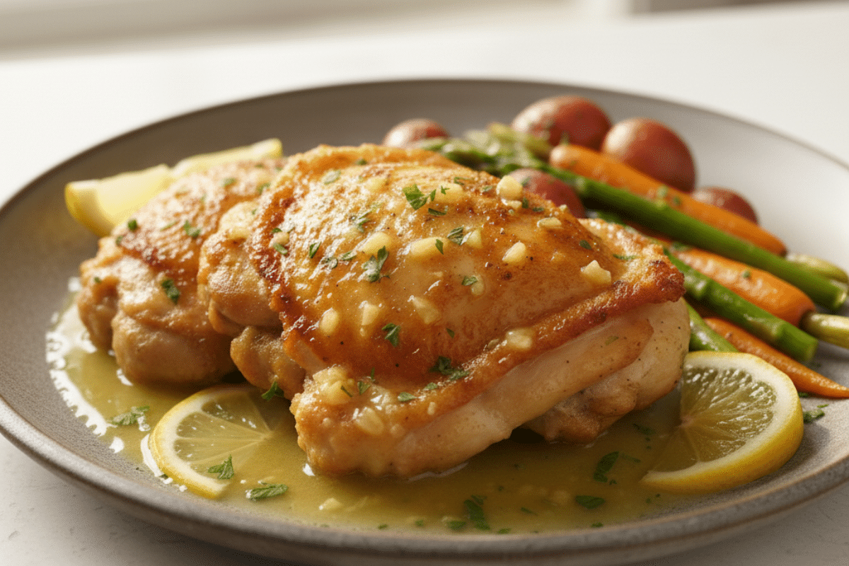 Crispy Lemon Garlic Chicken served with roasted vegetables like asparagus, carrots, and potatoes.