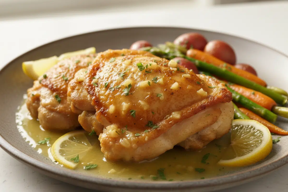 Crispy Lemon Garlic Chicken with Roasted Vegetables Crispy Lemon Garlic Chicken served with roasted vegetables like asparagus, carrots, and potatoes.
