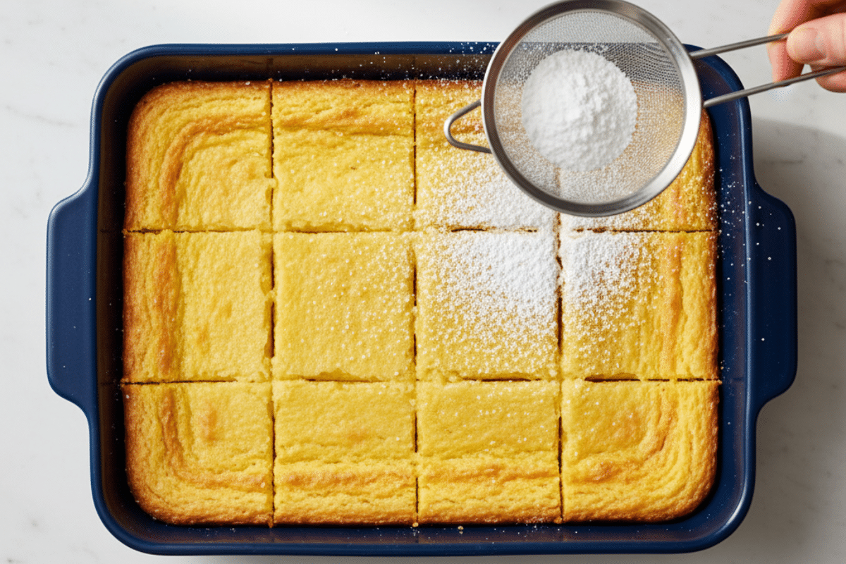 Top down view of a hand using a sieve to sprinkle powdered sugar over a blue pan filled with baked easy lemon bars with cake mix.