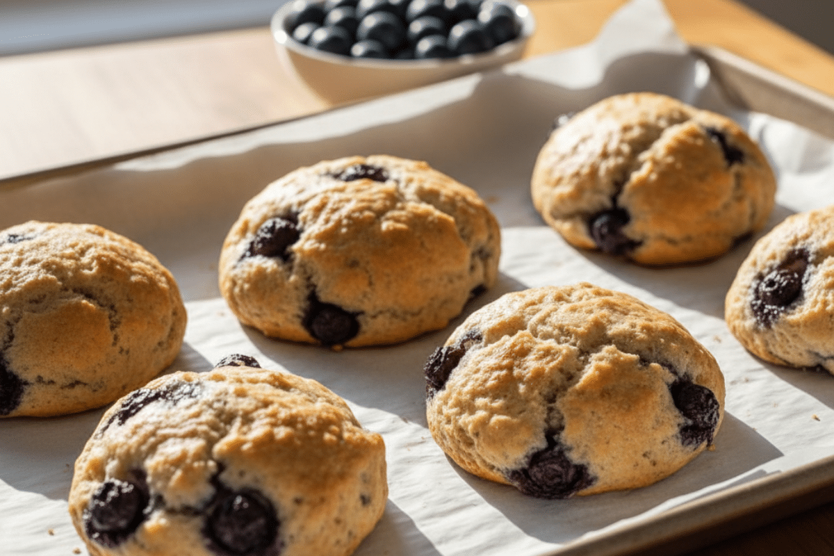 Home 15 Easy blueberry biscuits stacked on a white plate with golden tops, visible blueberries, and a light lemon glaze