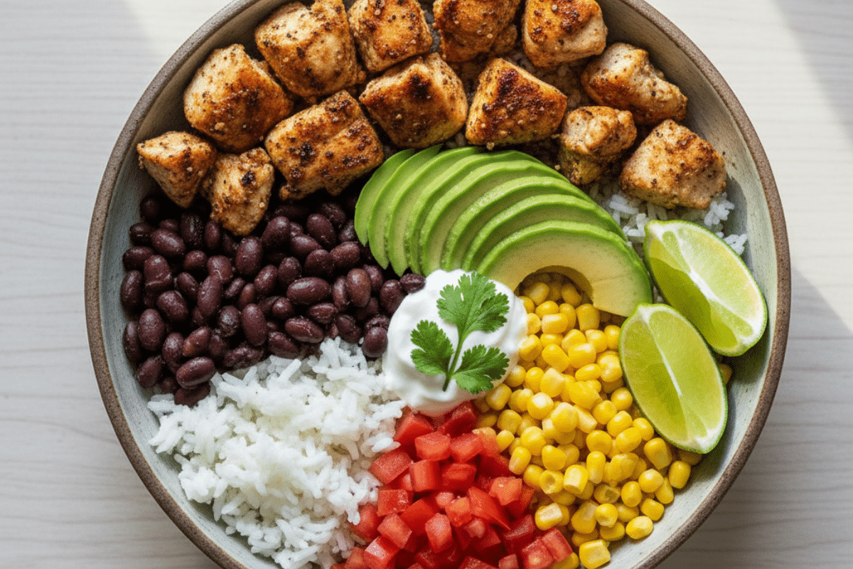 Easy Chicken Burrito Bowl Recipe overhead view with rice, avocado, diced tomato, corn, beans, and seared chicken