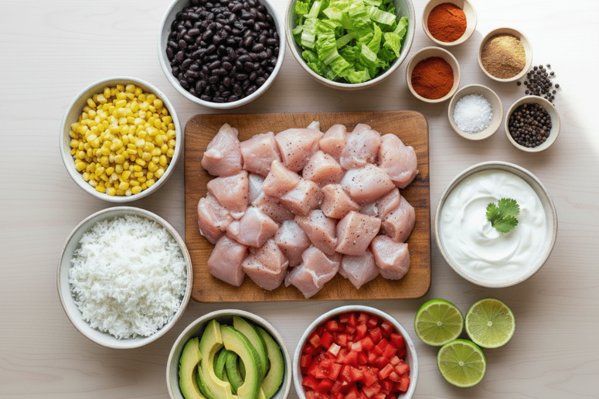 Easy Chicken Burrito Bowl Recipe ingredients flatlay with raw chicken, diced tomatoes, avocado, corn, beans, rice, yogurt and spices