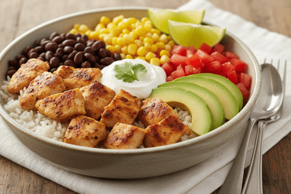 Easy Chicken Burrito Bowl Recipe served in a bowl with seared chicken, rice, avocado, beans, corn and diced tomato